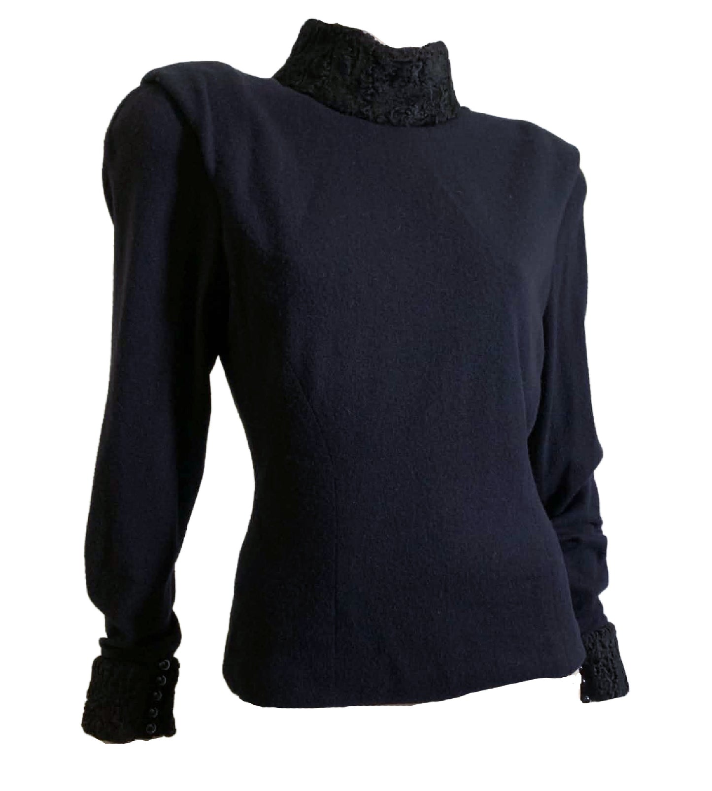 Midnight Blue Cashmere and Fur Pullover Top Shoulder Pads circa 1990s