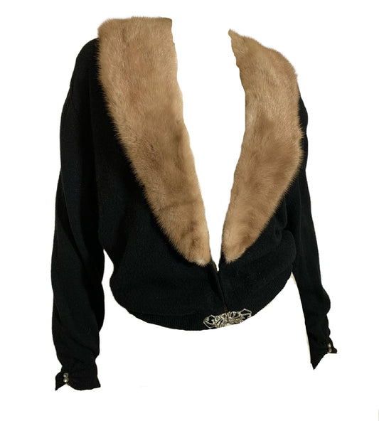 Black Cashmere Sweater with Mink Collar and Rhinestones circa 1950s