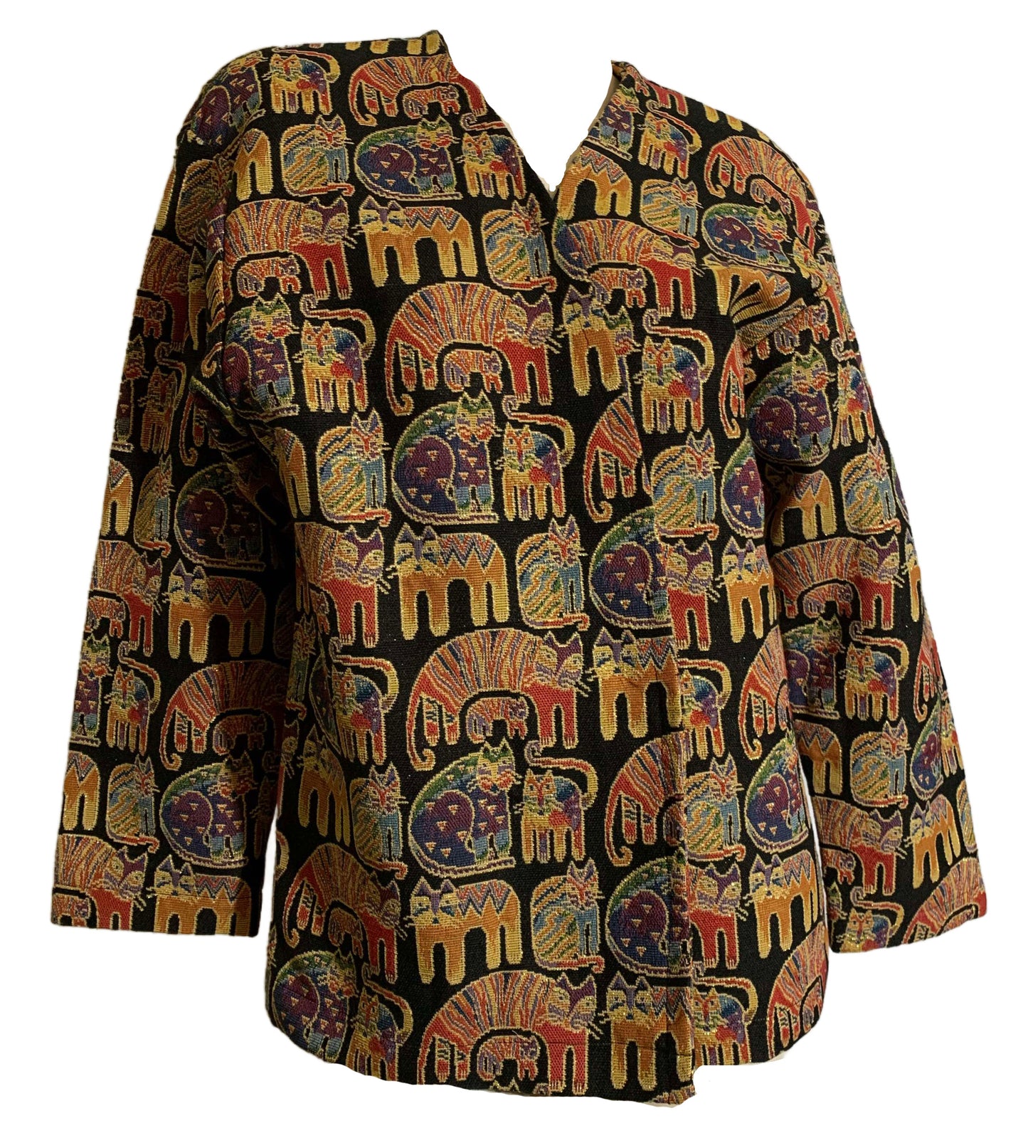 Laurel Burch Inspired Metallic Tapestry Cat Design Jacket circa 1990s