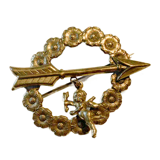 Sweetheart Flower Wreath and Arrow Brooch with Cherub Charm circa 1940s