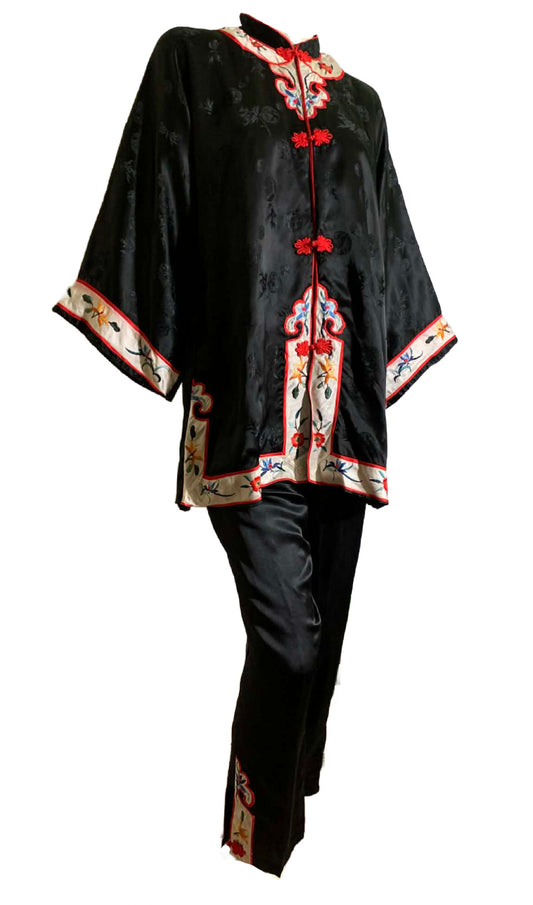 Embroidered Black Rayon Chinese Embroidered Pajamas circa 1960s XL