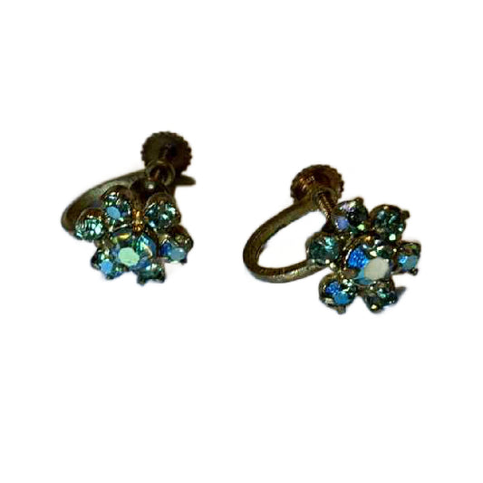 Shimmering Pale Green Rhinestone Screwback Clip Earrings circa 1960s