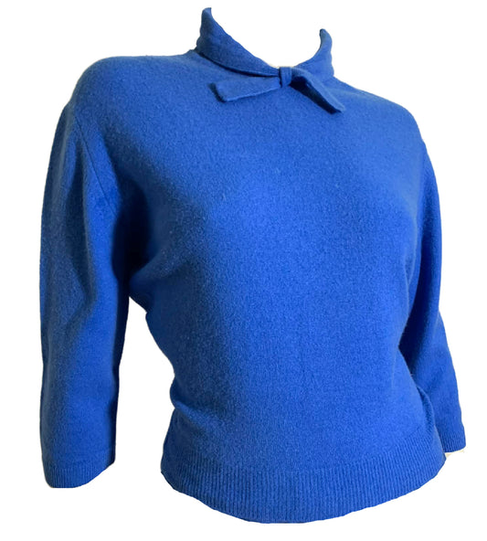 Cobalt Blue Orlon Sweater w/ Bow Neckline circa 1960s