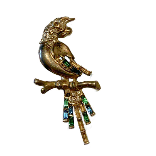 Colorful Rhinestone Accented Cockatiel Bird Novelty Brooch circa 1940s