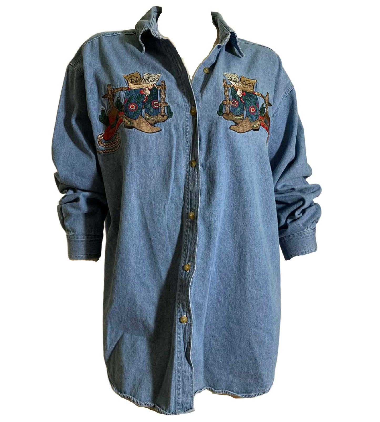 Cowboy Kitties! Blue Denim Button Down Top with Embroidered Western Cats circa 1990s