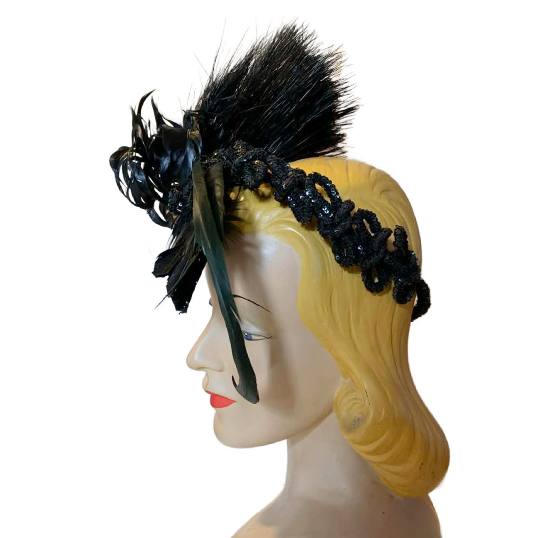 Murdered by Birds Reimagined Victorian Jet Beaded Crown with Feathers