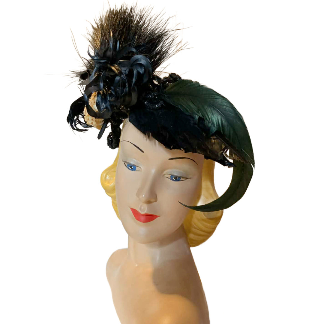Murdered by Birds Reimagined Victorian Jet Beaded Crown with Feathers