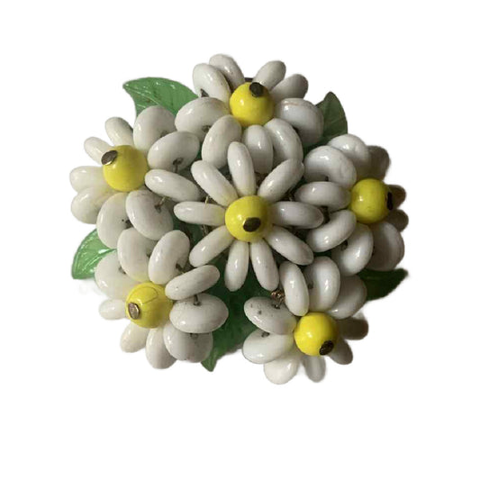 Daisy Fresh Glass Beaded Flower and Leaves Bouquet Brooch circa 1930s