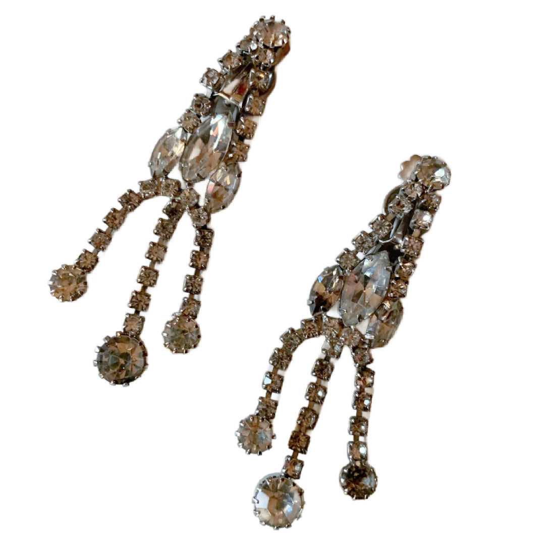 Glamorous Clear Rhinestone Dangle Clip Earrings circa 1960s