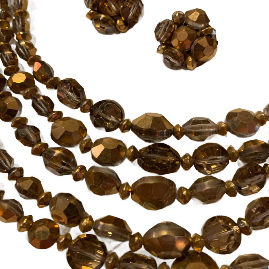 Faceted Heavy Crystal Copper and Bronze Beaded Necklace & Earrings Demi Parure Set circa 1960s