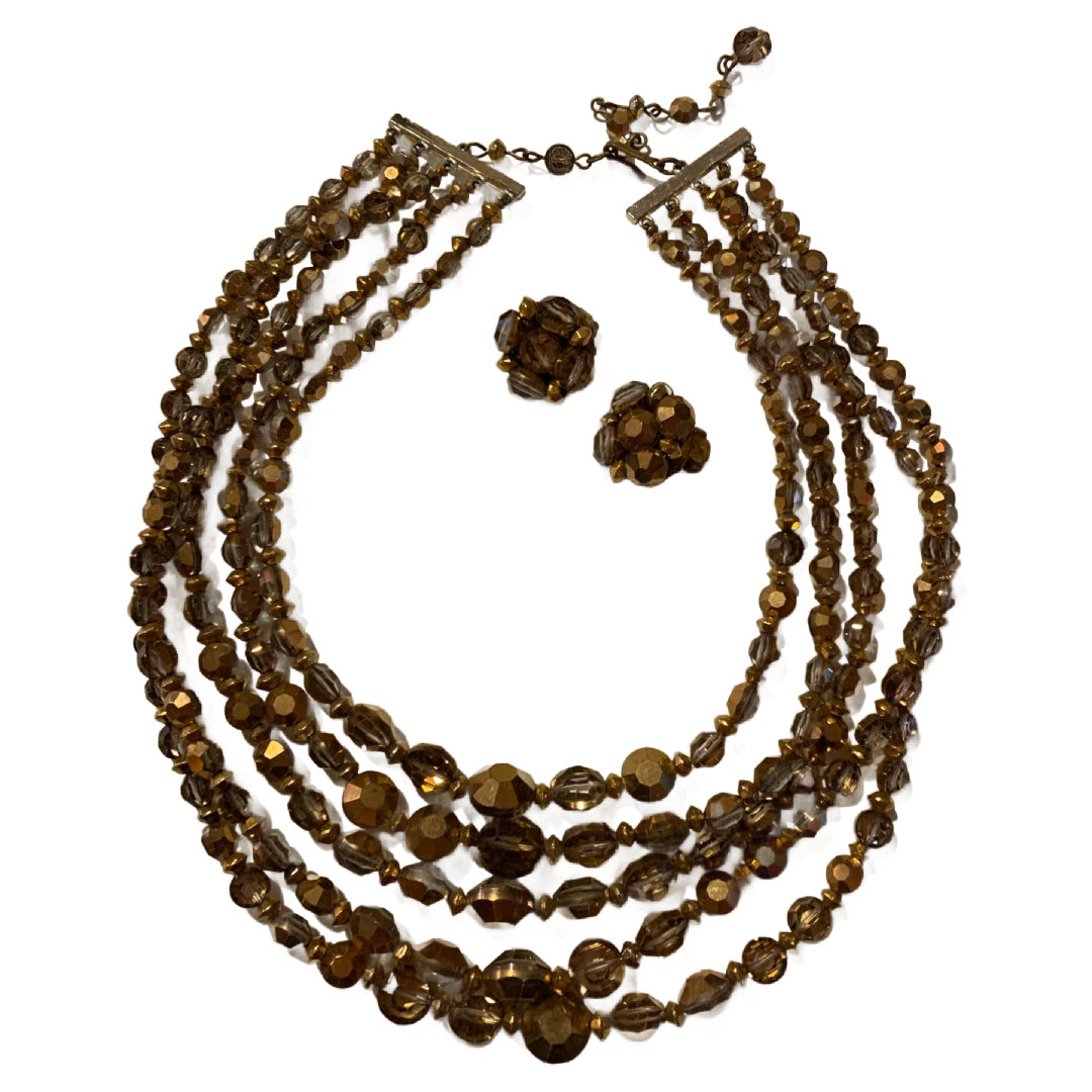 Faceted Heavy Crystal Copper and Bronze Beaded Necklace & Earrings Demi Parure Set circa 1960s