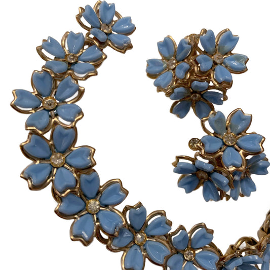 Sky Blue Flower and Rhinestone Bracelet and Clip Earrings Demi Parure Set circa 1950s