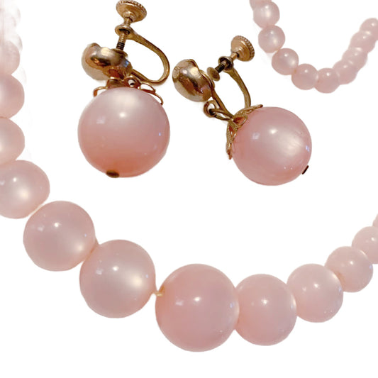 Pale Pink Iridescent Beaded Necklace & Earrings Demi Parure Set circa 1940s