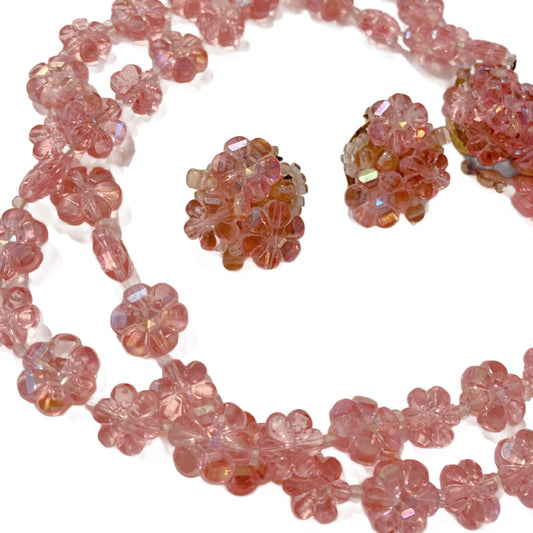 Sparkling Pink Flower Beaded Necklace & Earrings Demi Parure Set circa 1960s