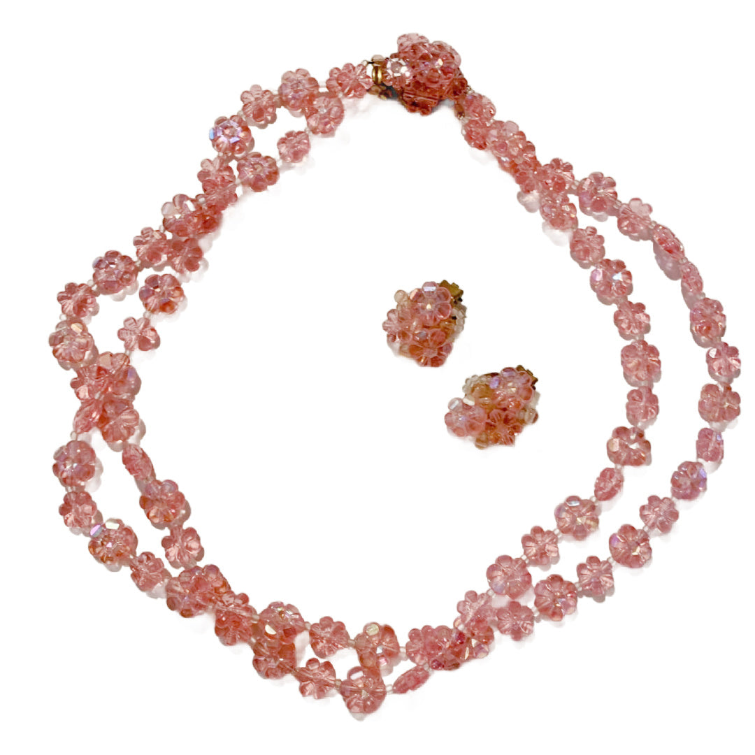 Sparkling Pink Flower Beaded Necklace & Earrings Demi Parure Set circa 1960s