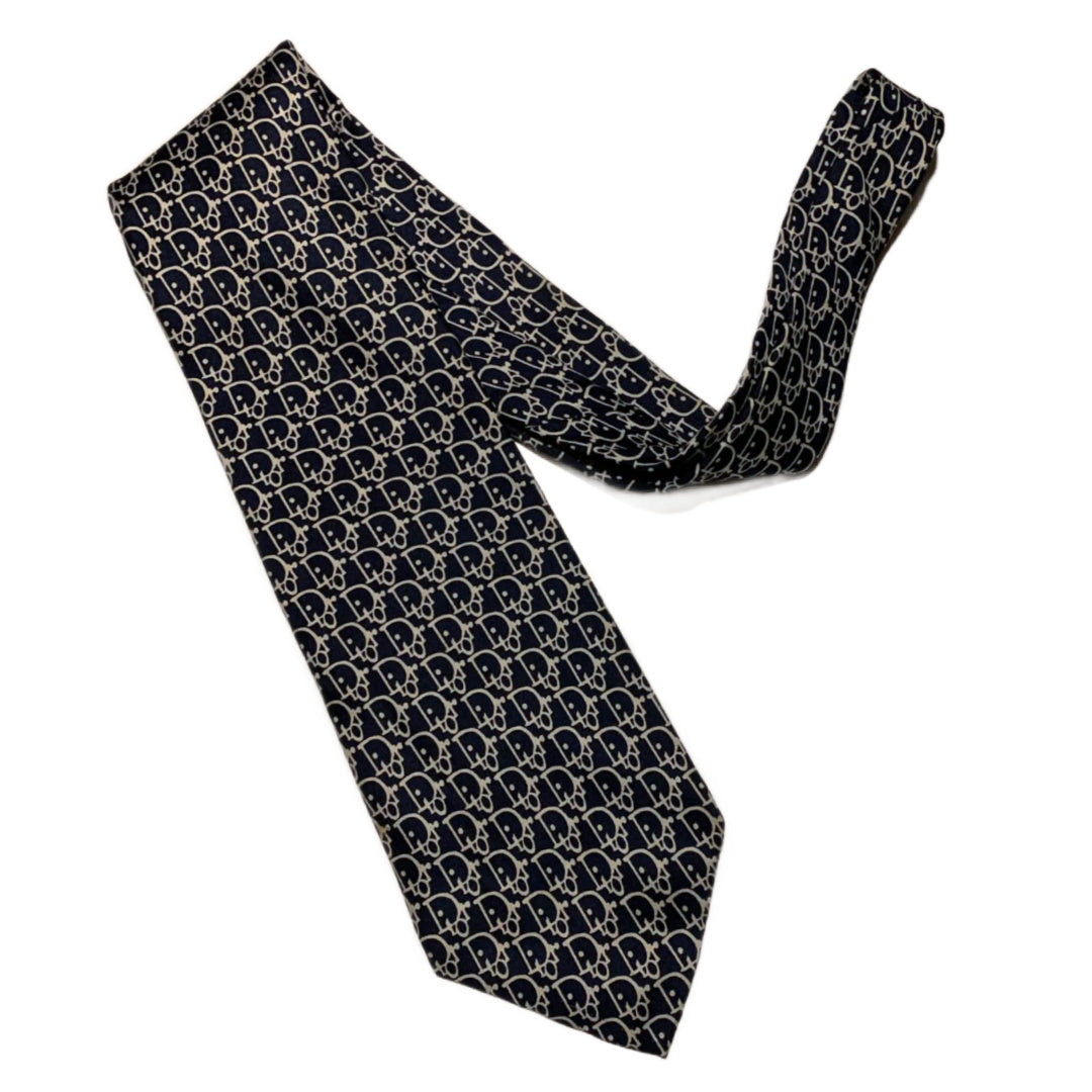 Christian Dior Logo Design Blue and White Silk Men's Tie circa 1990s