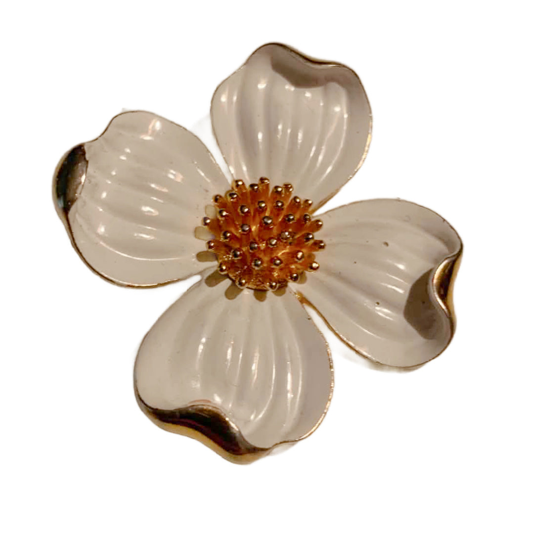 Enameled White Dogwood Flower Brooch Trifari circa 1960s