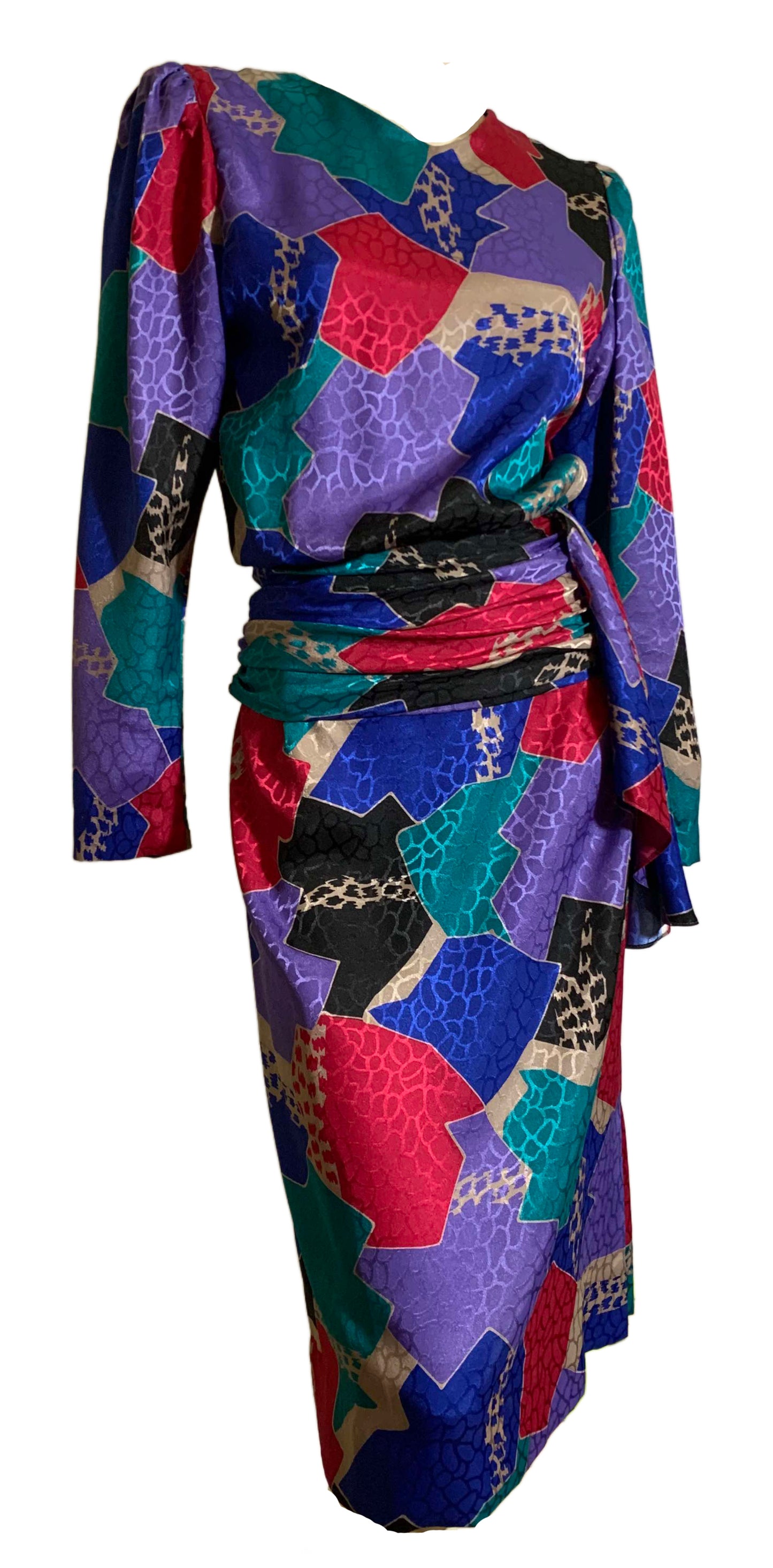 Black and Bright Colors Abstract Print Blouson Bodice Dress  circa 1980s