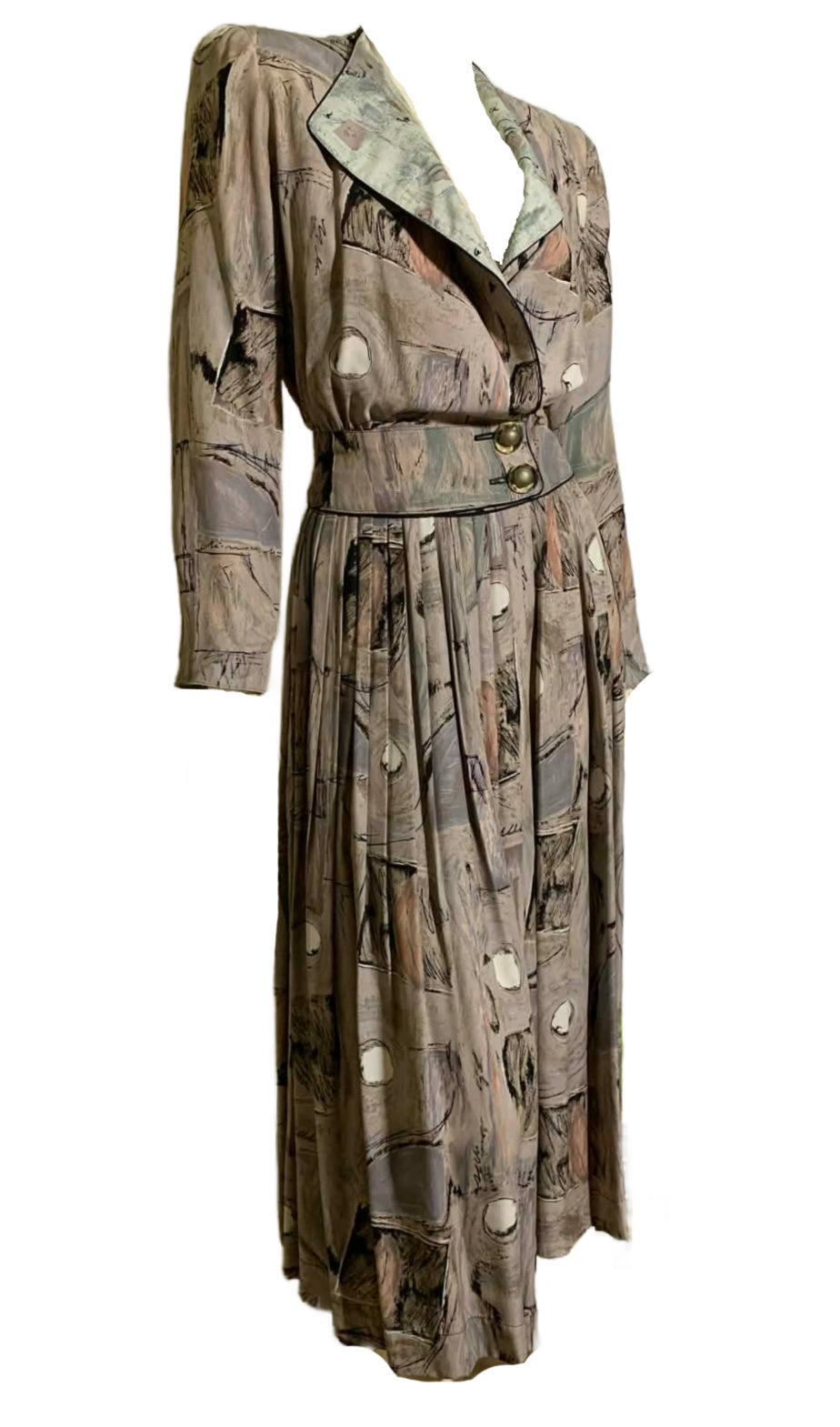 40s Inspired Abstract Art Print Rayon 2 Pc Dress Set circa 1980s