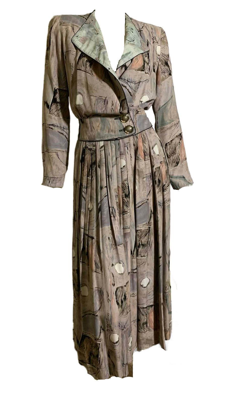 40s Inspired Abstract Art Print Rayon 2 Pc Dress Set circa 1980s