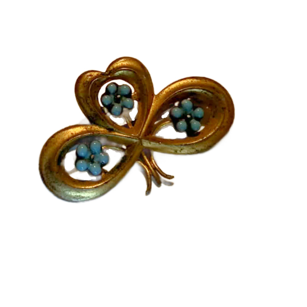 Three Leaf Clover Mini Brooch with Tiny Blue Cabochons circa 1910s