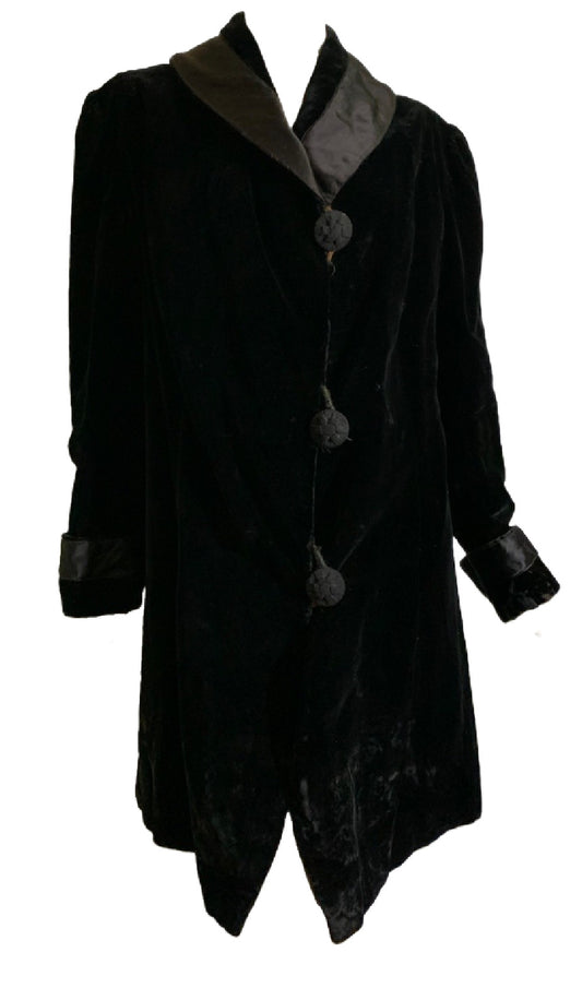 Black Velvet Silk Trimmed Classic Edwardian Jacket circa 1910s
