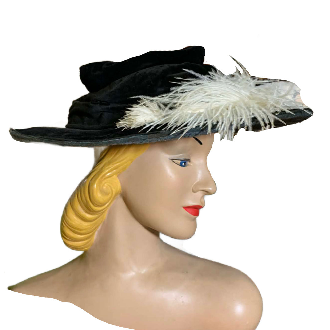 Black Velveteen Wide Brim Hat with Feather circa 1910s