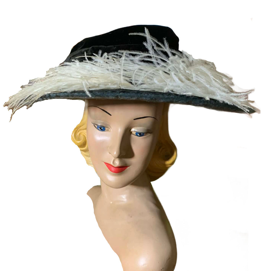 Black Velveteen Wide Brim Hat with Feather circa 1910s