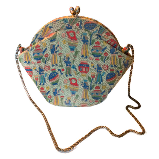 Egyptian Revival Print Fabric Covered Handbag Kiss Lock Chain Strap circa 1940s