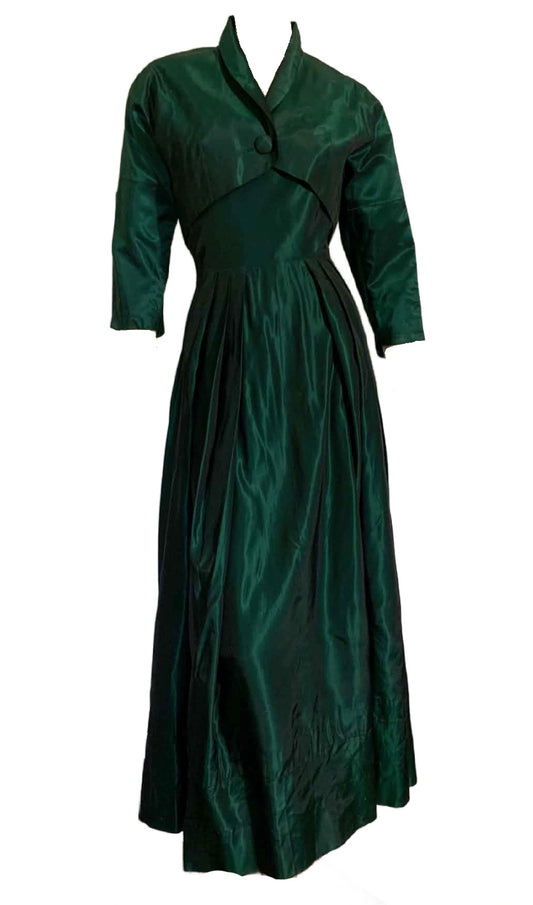 Shimmering Emerald Green Taffeta Party Dress with Bolero Jacket circa 1940s