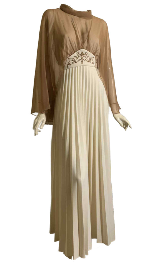 Mocha Mousse Chiffon Caped Ivory Pleated Dress circa 1970s