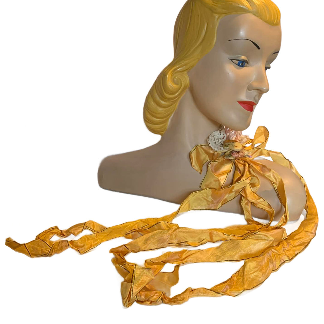 Doll Face Yellow/Pink 2 Tone Ribbon Brooch with Lady Face, Feather and Lace