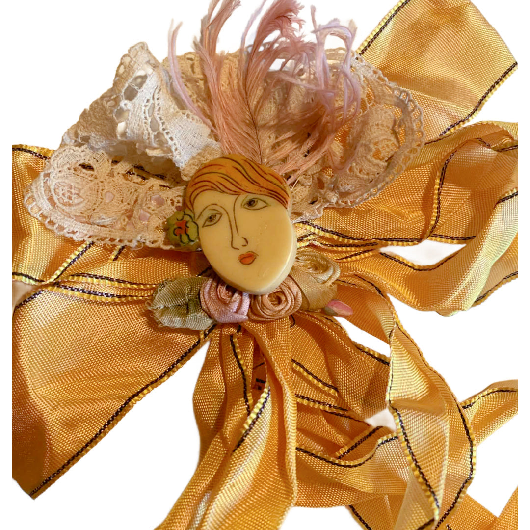 Doll Face Yellow/Pink 2 Tone Ribbon Brooch with Lady Face, Feather and Lace