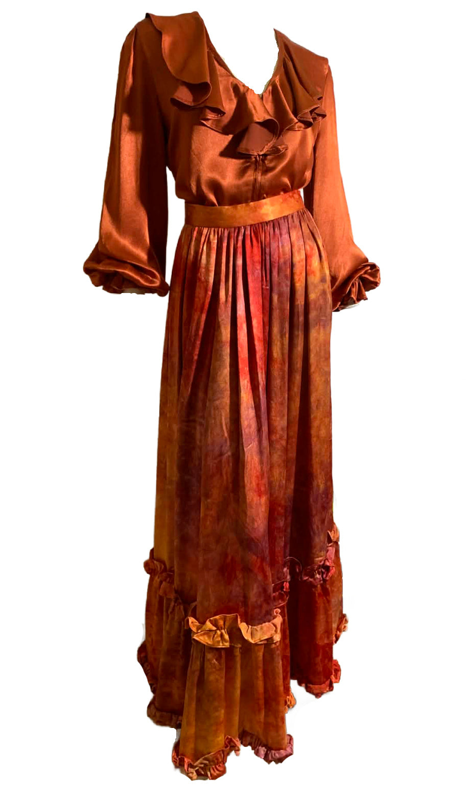 Fiery Tie Dye Peasant Style Silk Charmeuse 3 Piece Maxi Dress Set circa 1970s