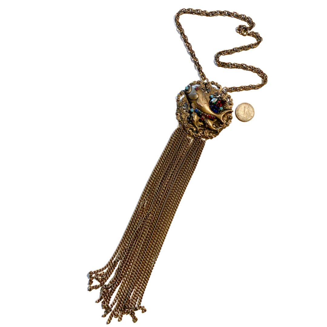 Three Fishes Medallion Pendant Necklace with LONG Fringe Colored Rhinestones circa 1970s