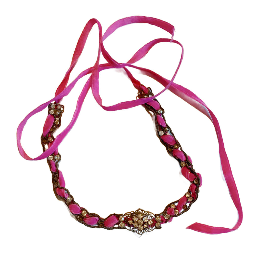 Rhinestone and Faux Pearl Metal Headpiece or Necklace Pink Ribbon