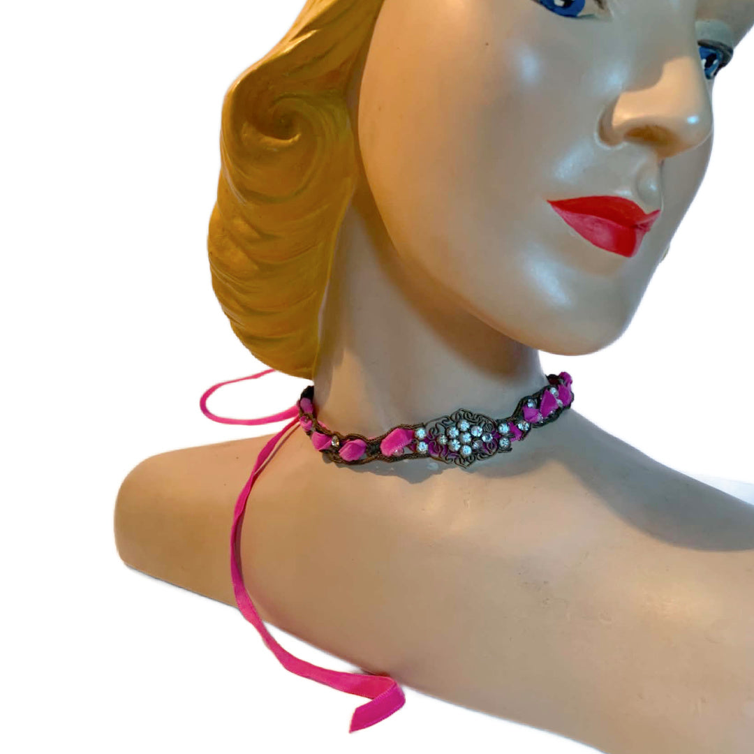 Rhinestone and Faux Pearl Metal Headpiece or Necklace Pink Ribbon