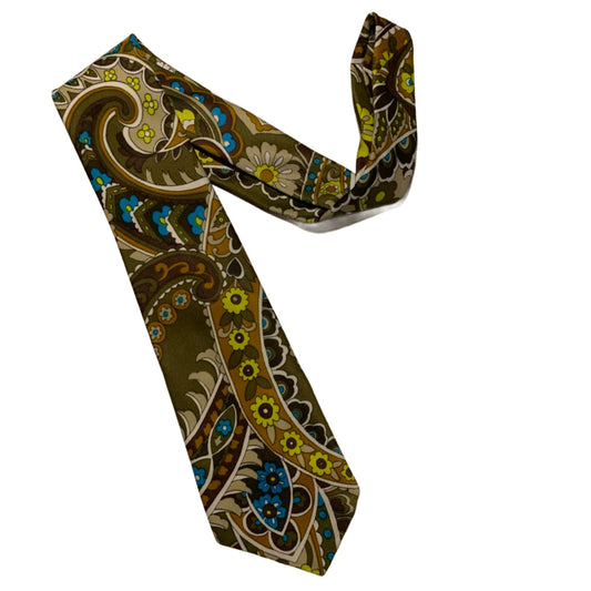 Avocado and Yellow Floral Design Men's Tie circa 1970s