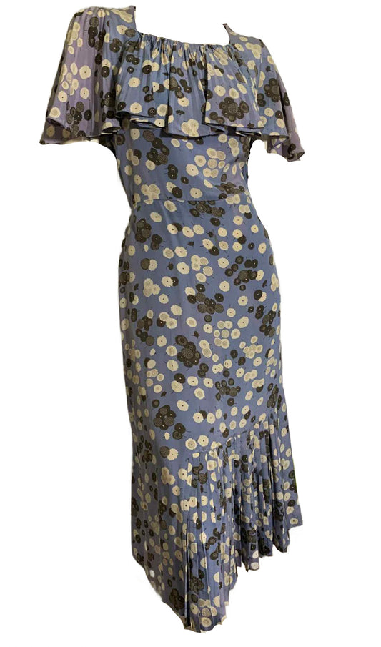 Art Deco Print Lilac Silk Dress with Caped Pleated Sleeves circa 1930s