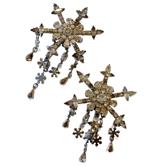 BIG Glam Rhinestone Snowflake Clip Earrings circa 1990s Kirks Folly