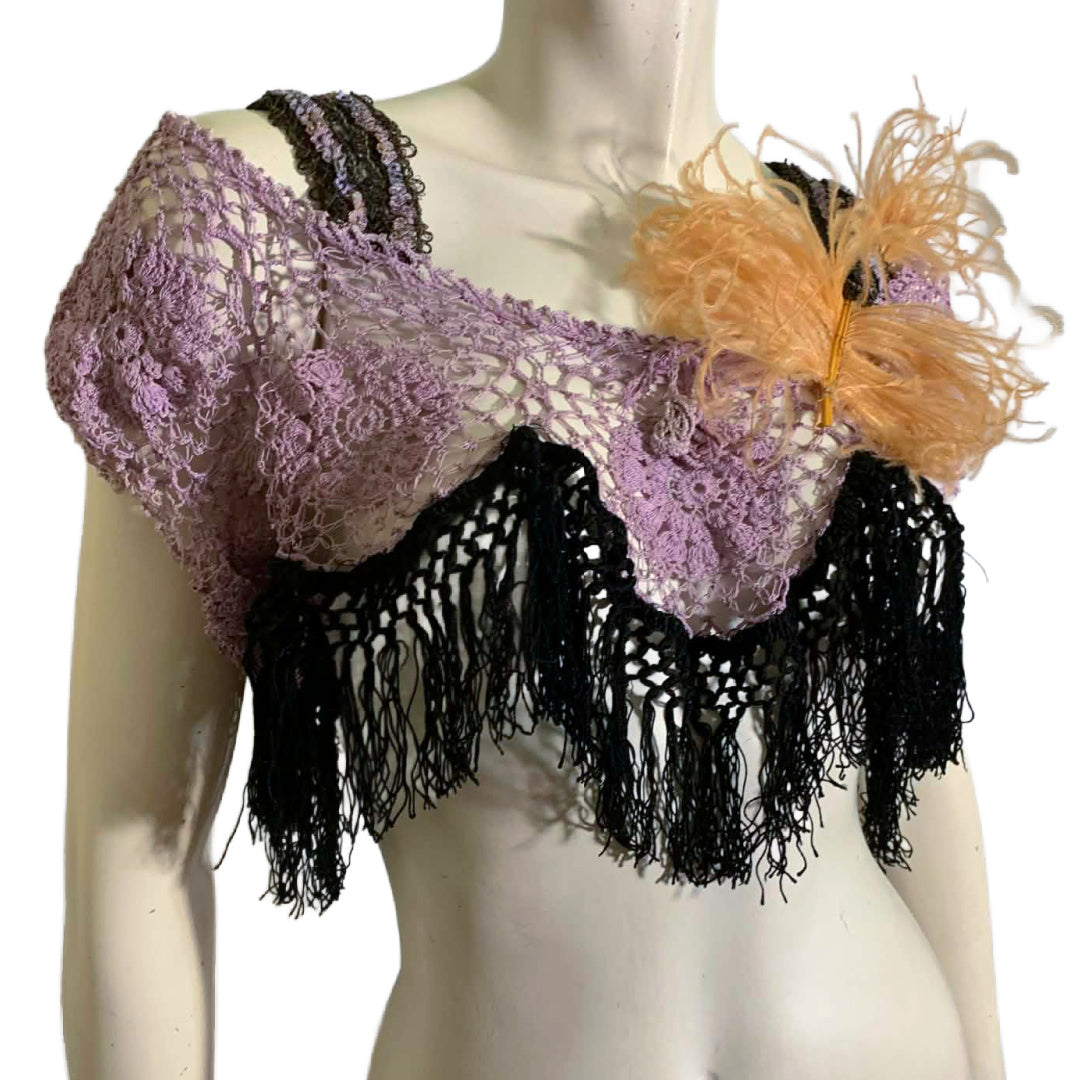 French Lavender Antique Lace Top Reimagined Black Victorian Fringed Metallic Ribbon and Feather