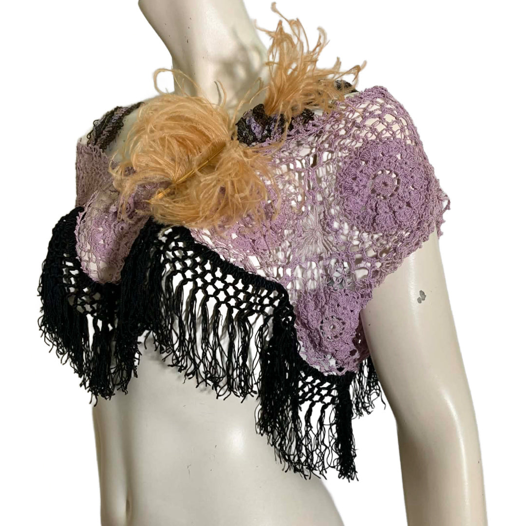 French Lavender Antique Lace Top Reimagined Black Victorian Fringed Metallic Ribbon and Feather