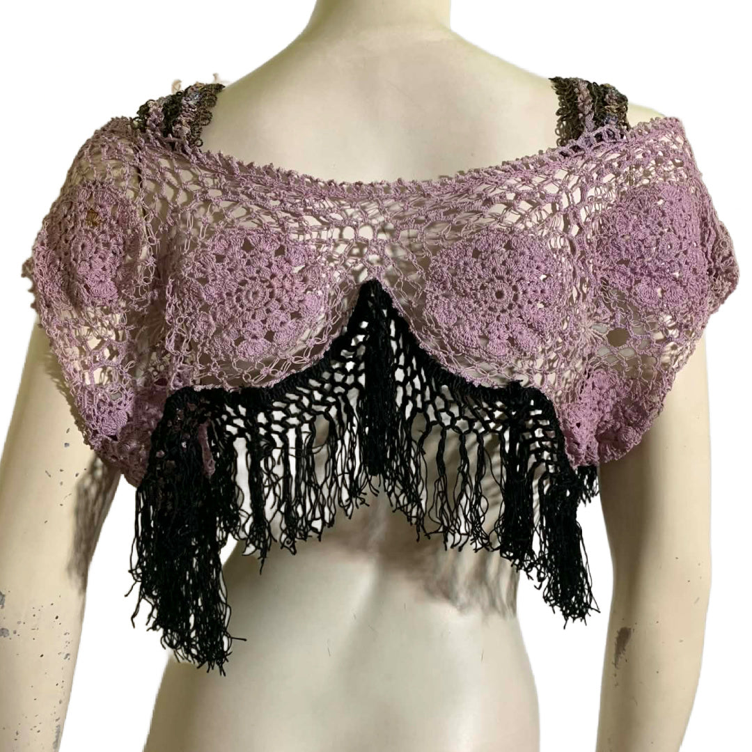 French Lavender Antique Lace Top Reimagined Black Victorian Fringed Metallic Ribbon and Feather