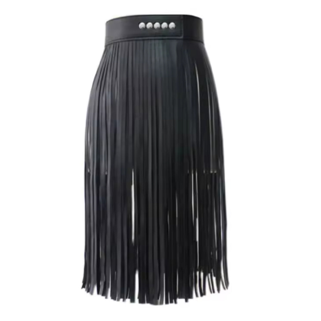 Wanda- the Black Faux Leather Fringed Skirt 3 Lengths