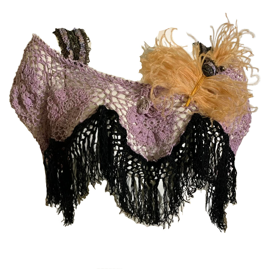 French Lavender Antique Lace Top Reimagined Black Victorian Fringed Metallic Ribbon and Feather