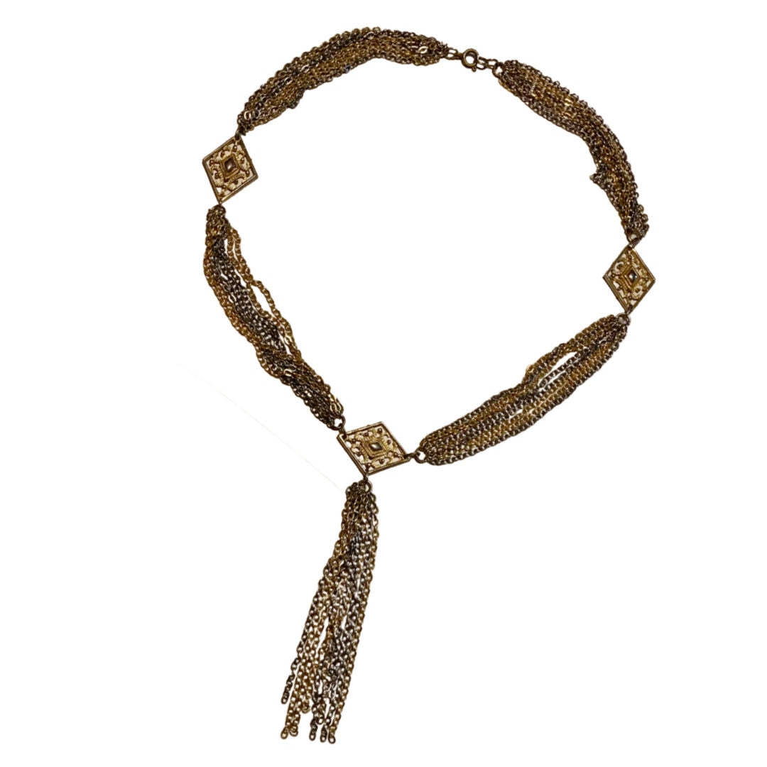 Gold & Silver Tone Metal Multi Chain Bib Necklace with Fringe Center circa 1970s