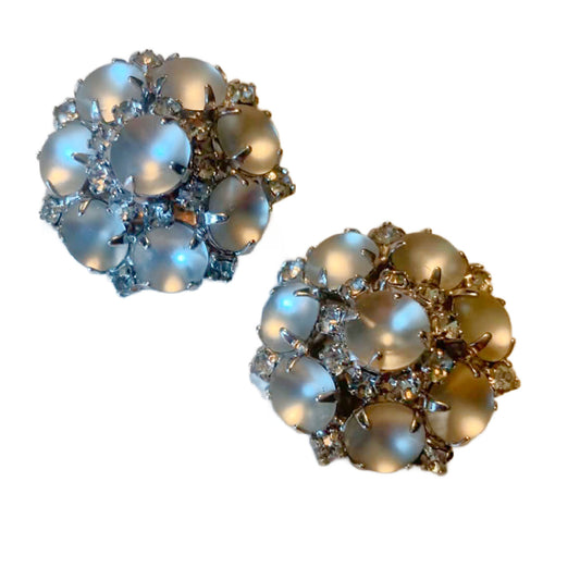 Frosted Icy White Cabochon and Clear Rhinestone Clip Earrings circa 1960s