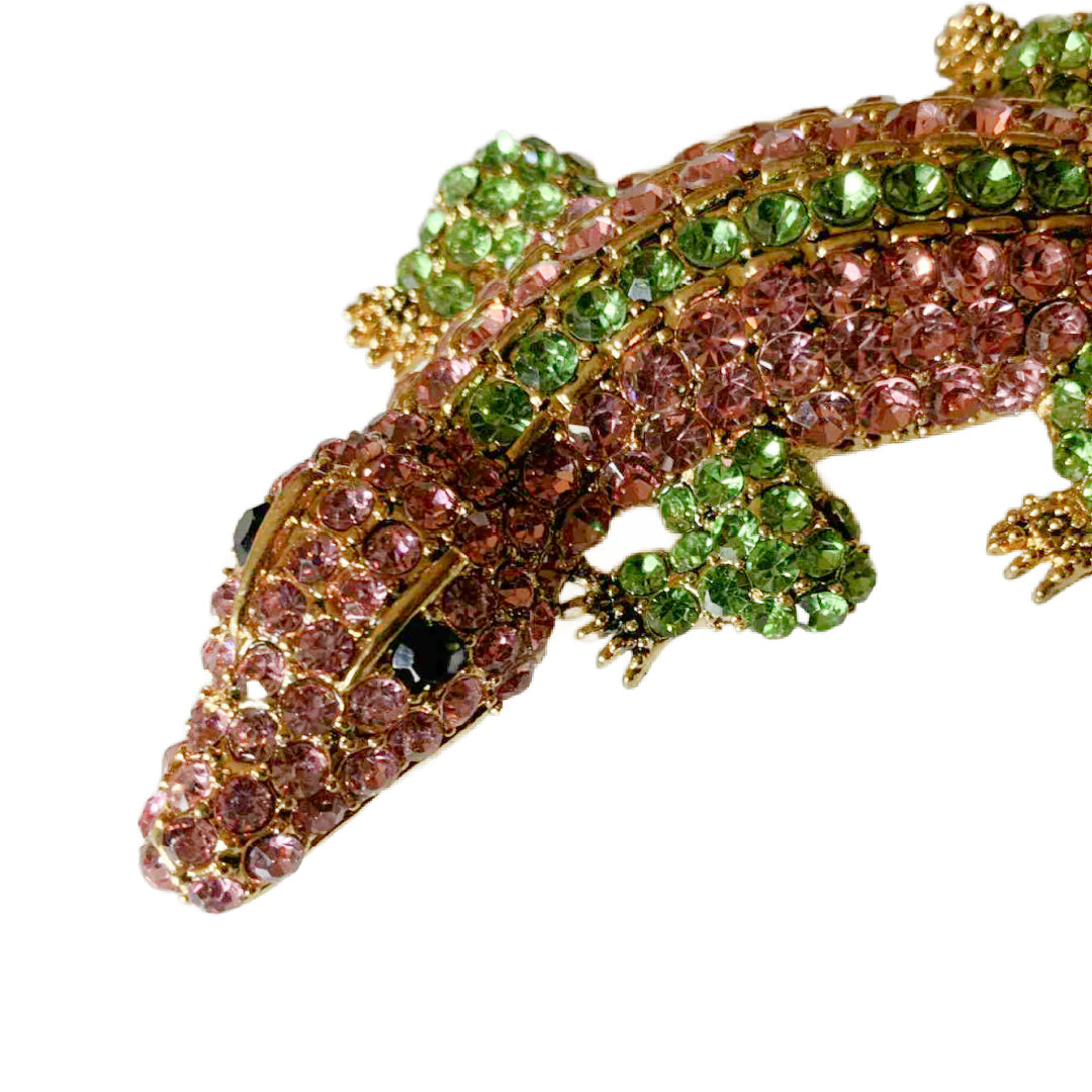 Pink and Green Rhinestone Alligator Brooch