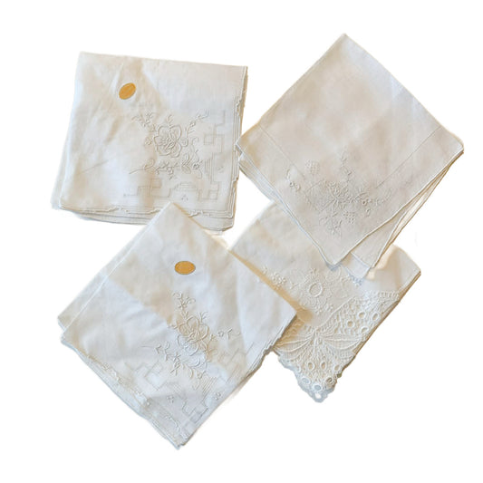 Lot 4 White Cotton Handkerchiefs with Embroidery circa 1960s