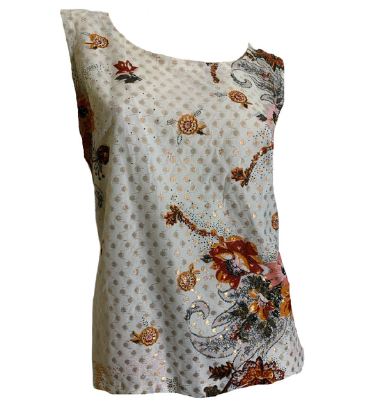 Persian Flower Nylon Tank Top with Gold Metallic Highlights circa 1970s